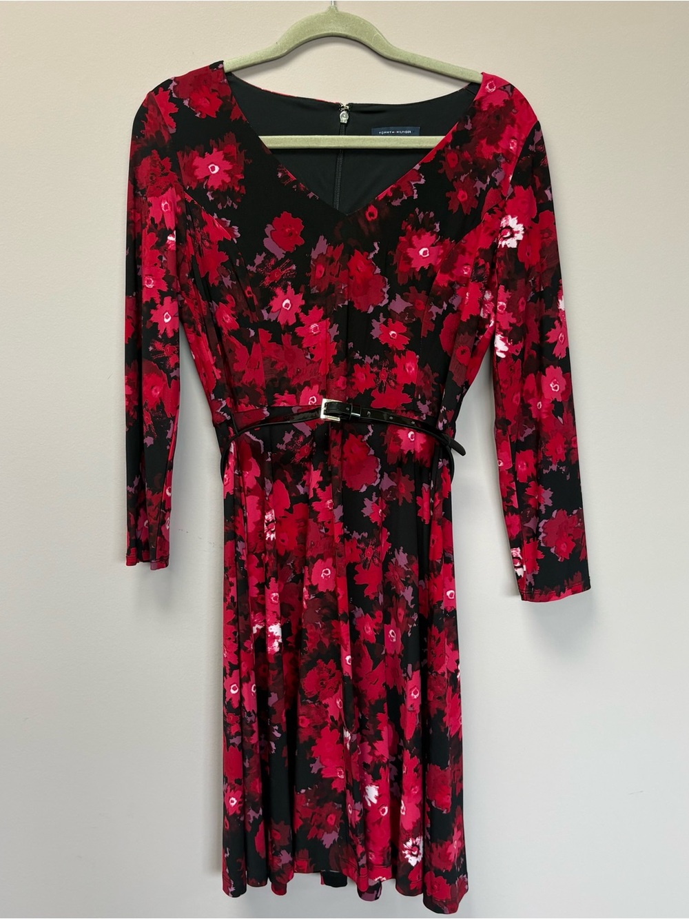 Tommy Hilfiger Red Pink Floral Long Sleeve Belted A-Line Dress Size‎ 6